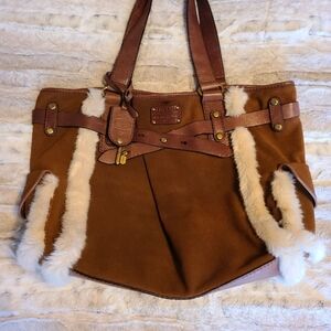 Fossil Brown Hobo Bag with Cream Fur Accents